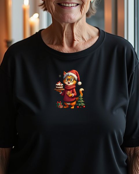 Christmas Grandma Cat with Cake and Santa Hat – No Text