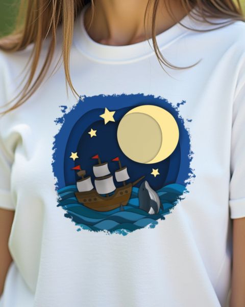 Moonlit Sea with Whale and Ship - Gift for Whale Lovers