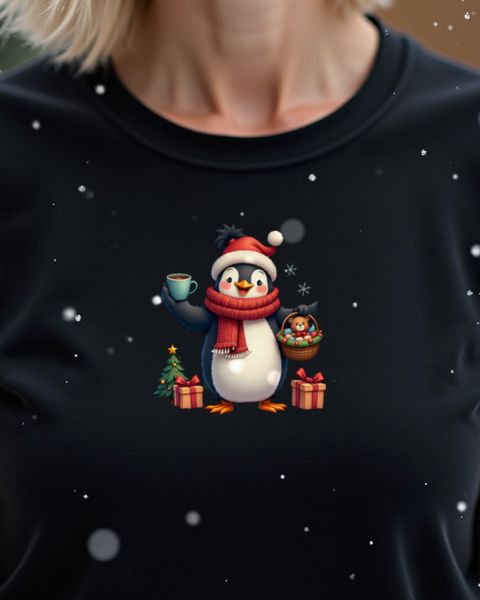 Christmas Penguin Mom Juggling Coffee and Teddy – No Text