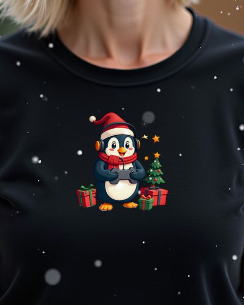 Christmas Gamer Penguin with Headset – No Text