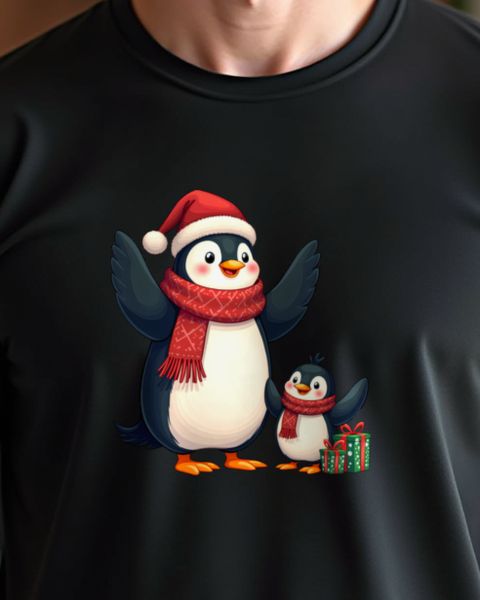 Pinguin-Papa mit Kind zu Weihnachten – Cartoon ohne Text