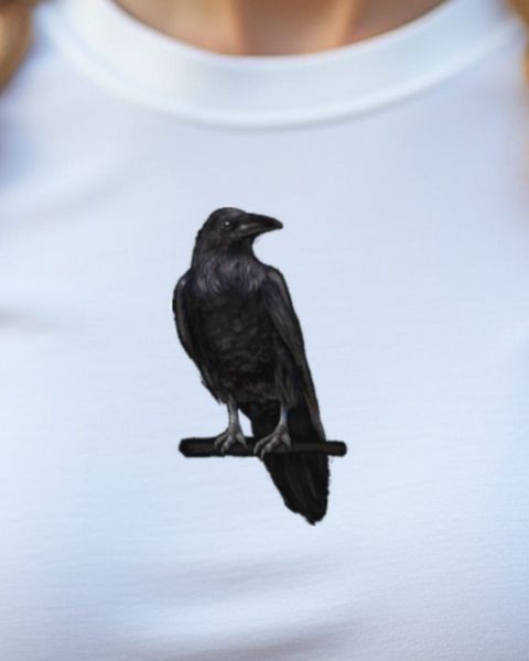 Raven on a Branch - Realistic Black Raven Bird Art