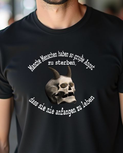Totenkopf mit deutschem Spruch Leben Sterben Angst - Gothic