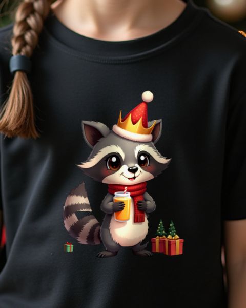 Christmas Raccoon Kid with Paper Crown – No Text