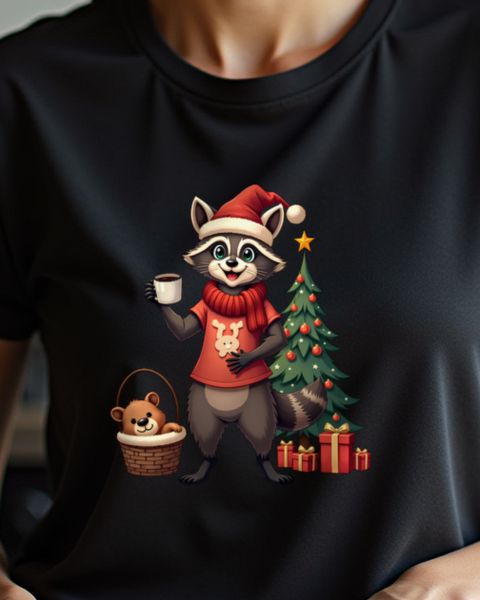 Christmas Raccoon Mom Juggling Coffee and Teddy – No Text
