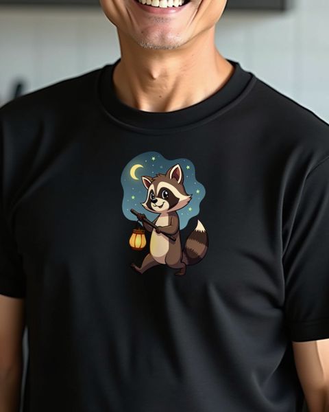 Raccoon with Lantern Under Moon and Stars – No Text