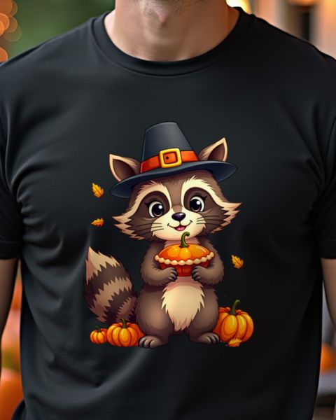 Thanksgiving Raccoon With Pilgrim Hat and Pie – No Text