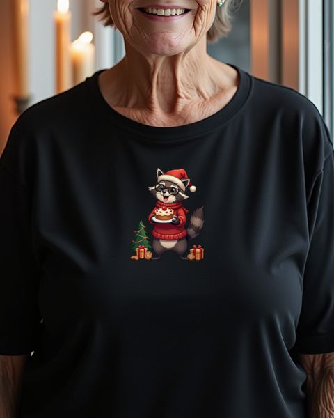 Waschbär-Oma mit Kuchen zu Weihnachten – Motiv ohne Text