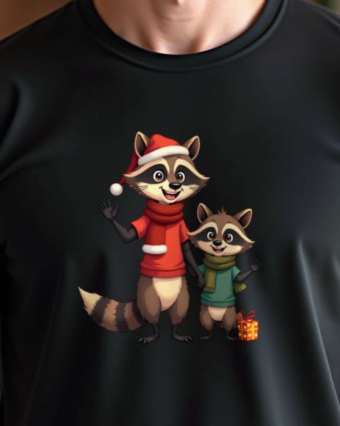 Waschbär-Papa mit Kind zu Weihnachten – Cartoon ohne Text