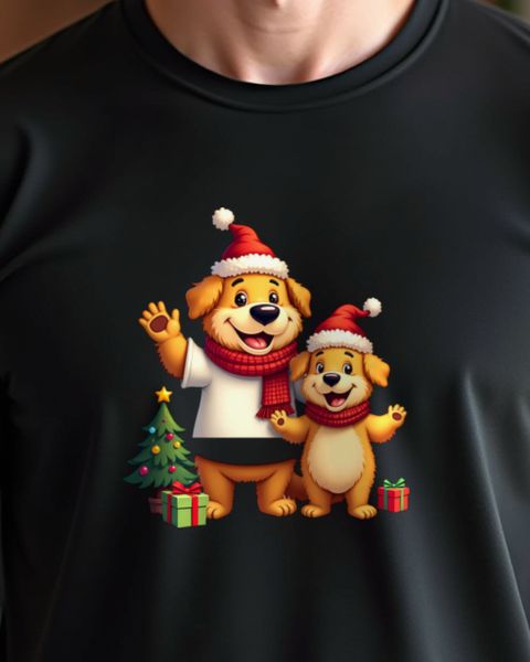 Christmas Golden Retriever Dad and Kid in Santa Hats
