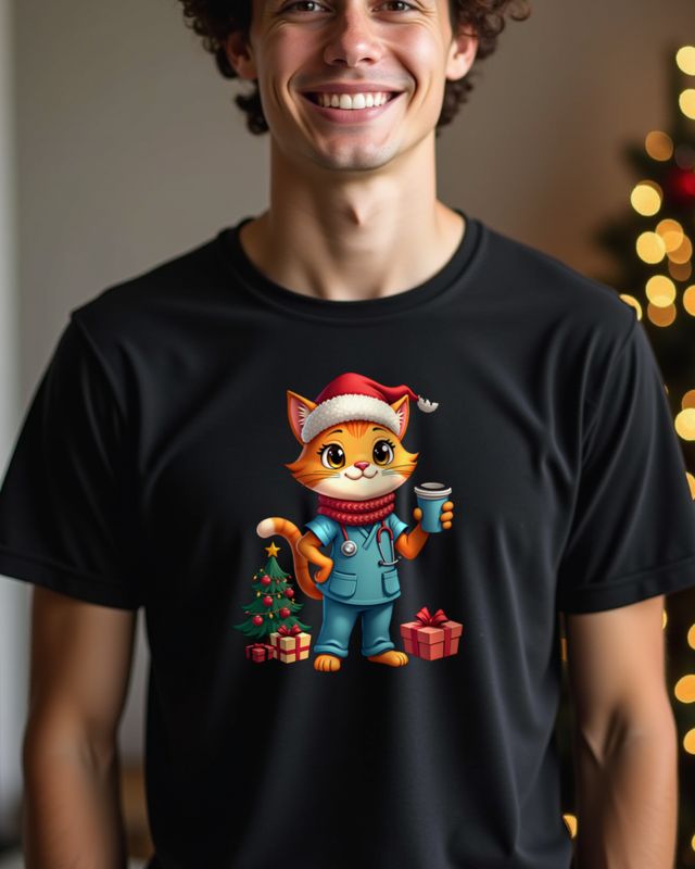 Christmas Cat Nurse With Stethoscope and Coffee โ No Text โ T-Shirt