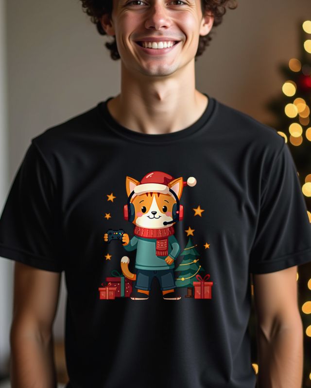 Christmas Gamer Cat with Headset โ No Text โ T-Shirt
