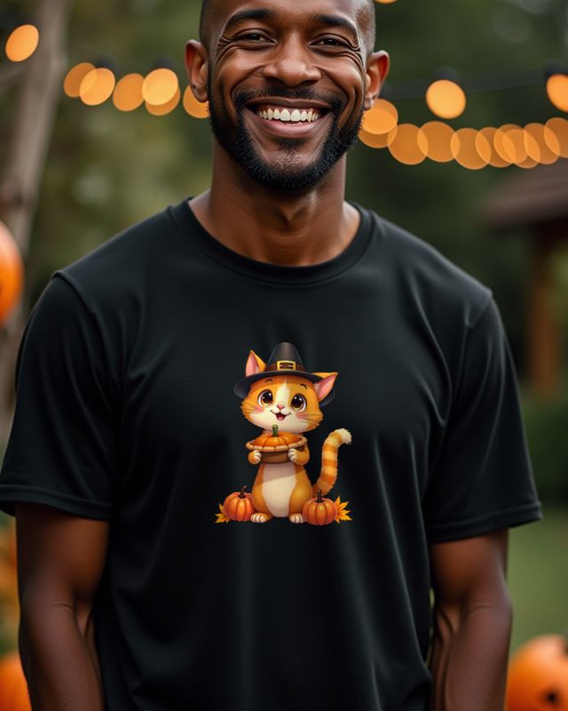 Thanksgiving Cat With Pilgrim Hat and Pumpkin Pie โ No Text โ T-Shirt