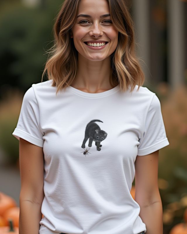 Katze mit Spinne - Süßes Halloween Katzen Motiv – T-Shirt
