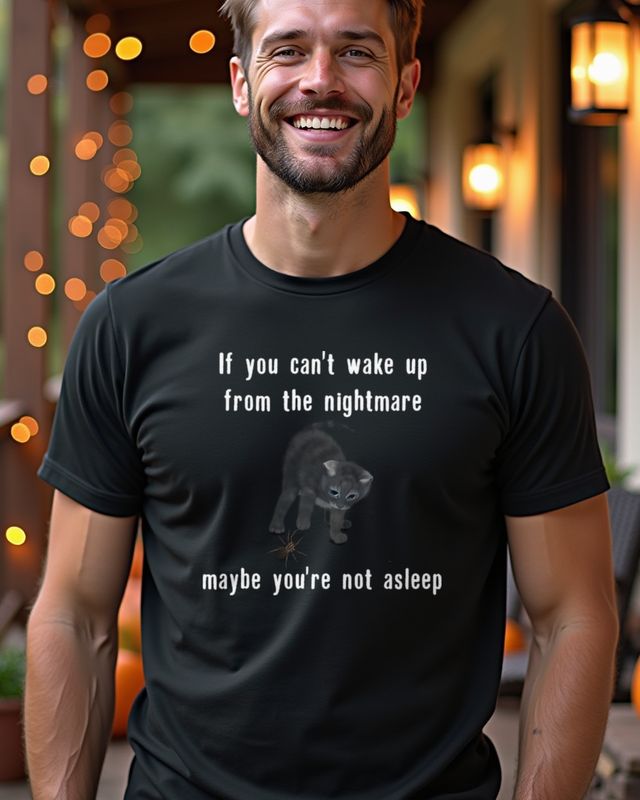 Cat and Spider - Nightmare Asleep - Funny Halloween Cat – T-Shirt