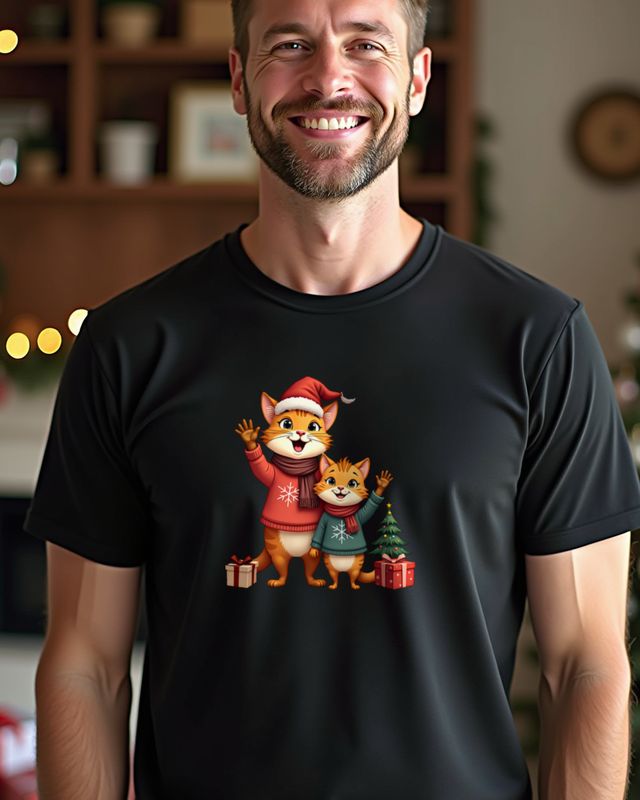 Christmas Cat Dad and Kid in Santa Hats โ No Text โ T-Shirt