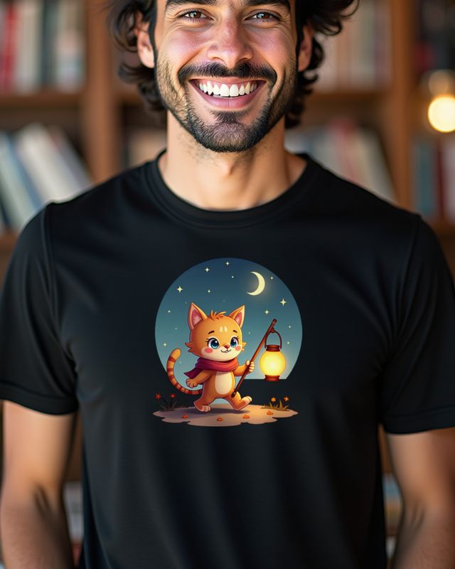 Katzenkind mit Laterne unter dem Mond – ohne Text – T-Shirt
