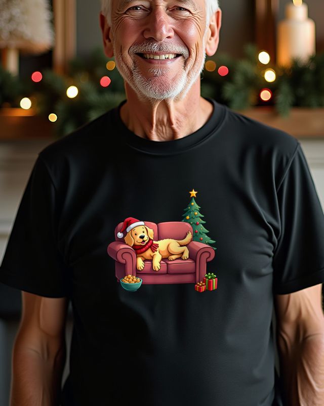Lazy Christmas Golden Retriever on the Couch – No Text – T-Shirt