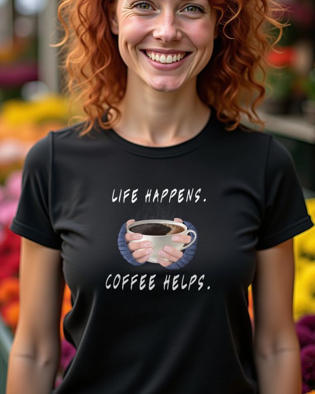 Life happens, Coffee helps - Kaffee Spruch Geschenk – T-Shirt
