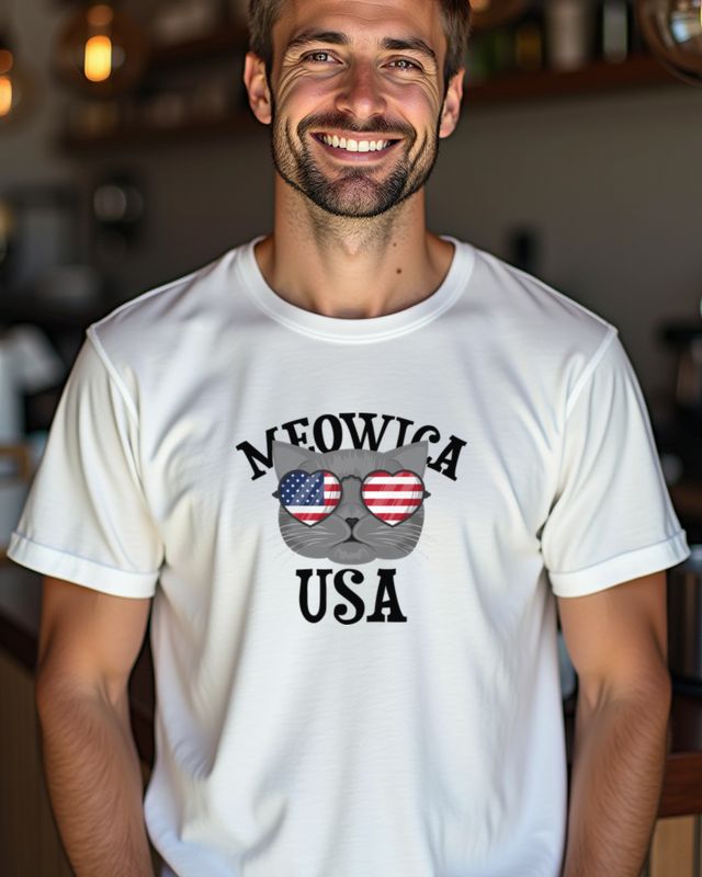Meowica USA - Katze mit Sonnenbrille in Stars and Stripes – T-Shirt