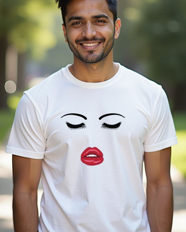 Minimalistisches Gesicht mit Wimpern und roten Lippen – T-Shirt