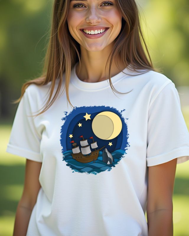Wal und Schiff unter dem Mond - Maritimes Meer-Motiv – T-Shirt