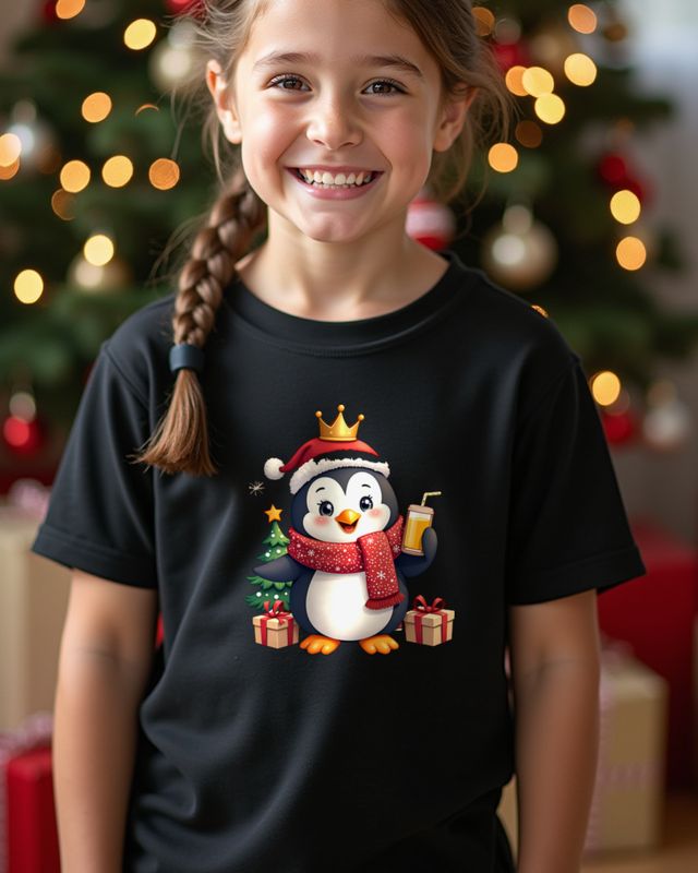 Christmas Penguin Kid with Paper Crown โ No Text โ T-Shirt