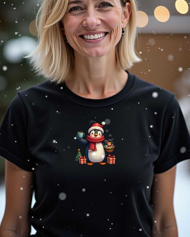 Christmas Penguin Mom Juggling Coffee and Teddy β No Text β T-Shirt