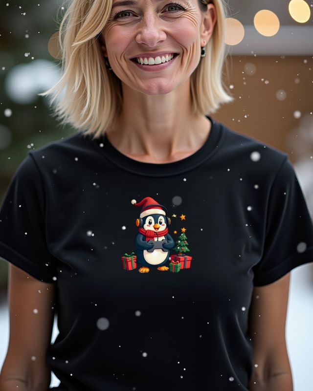 Christmas Gamer Penguin with Headset โ No Text โ T-Shirt