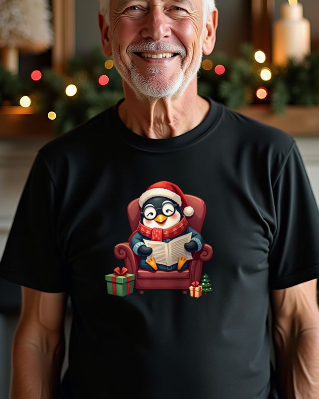 Penguin Grandpa in a Cardigan and Santa Hat โ No Text โ T-Shirt