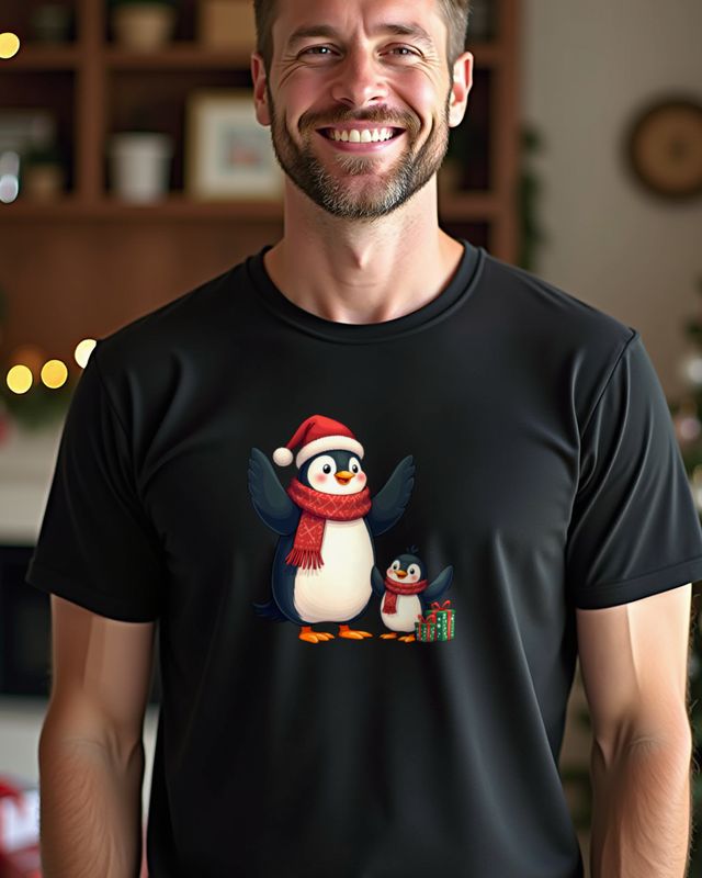 Pinguin-Papa mit Kind zu Weihnachten – Cartoon ohne Text – T-Shirt