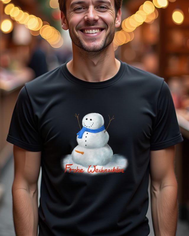 Fröhlicher Hörner-Schneemann mit Schal - Frohe Weihnachten – T-Shirt