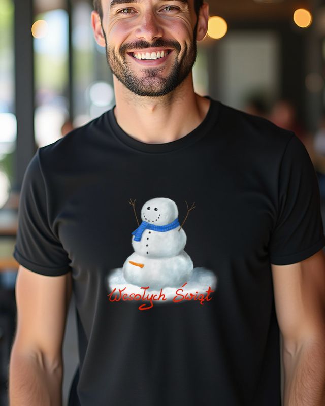 Fröhlicher Schneemann mit Hörnern & Schal Wesołych Świąt – T-Shirt