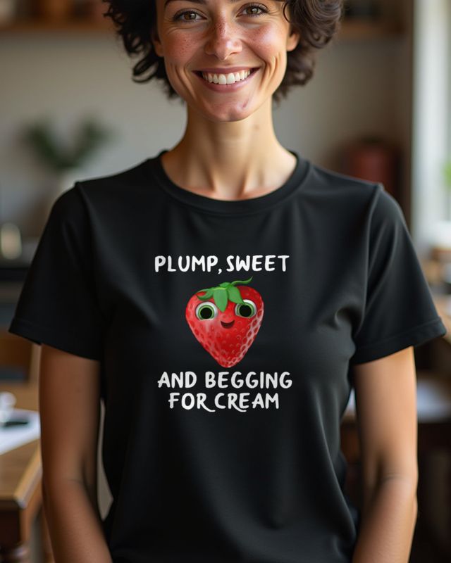 Strawberry Begging for Cream - Funny Fruit Design – T-Shirt
