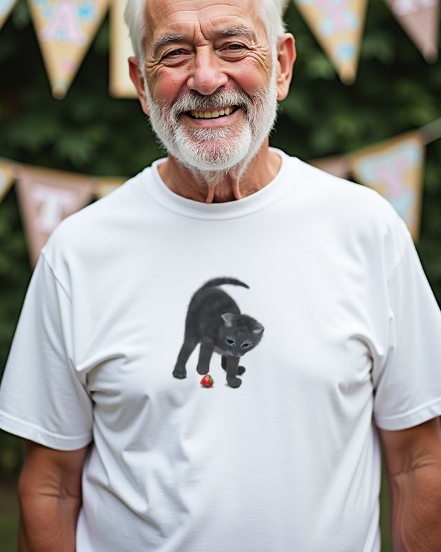Katze spielt mit Erdbeere - Süßes Katzen Motiv – T-Shirt