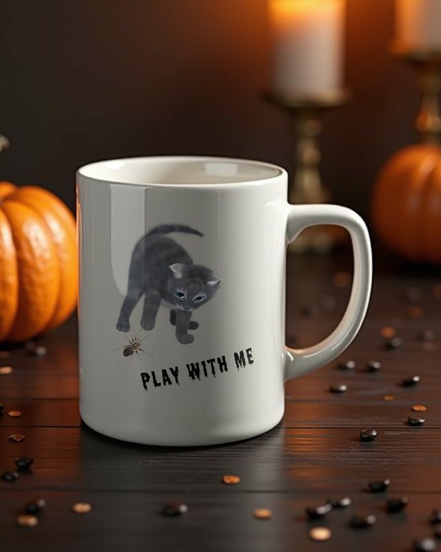 Cat and Spider Play With Me - Funny Halloween Cat – Mug