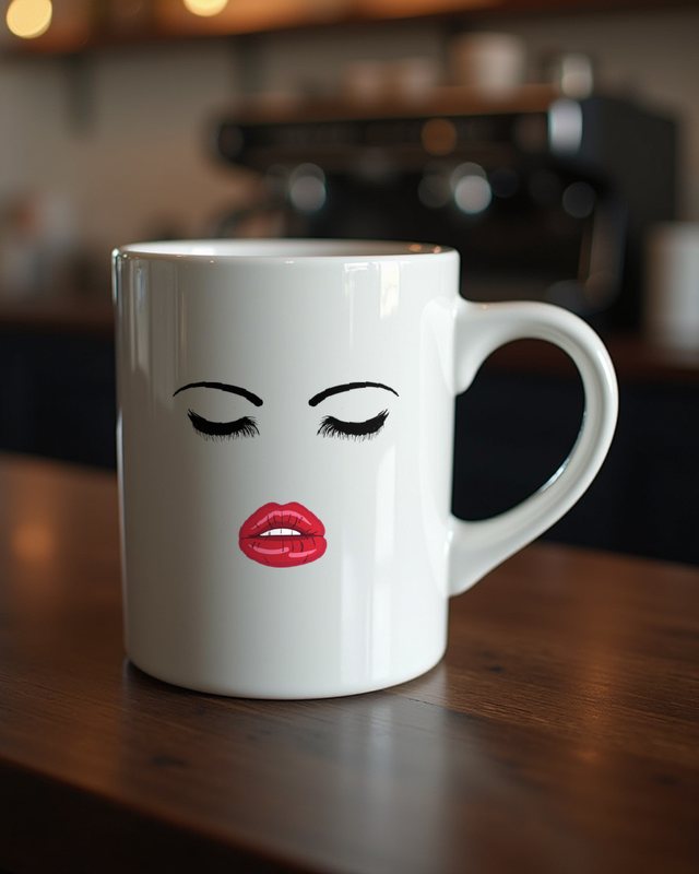 Minimalistisches Gesicht mit Wimpern und roten Lippen – Tasse