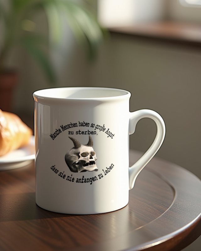 Totenkopf mit deutschem Spruch Leben Sterben Angst - Gothic – Tasse