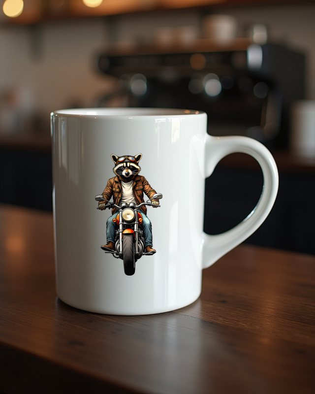 Raccoon on Vintage Motorcycle, Engraving – No Text – Mug