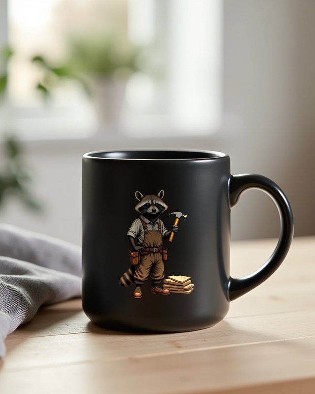 Raccoon Carpenter at Workbench, Engraving – No Text – Mug
