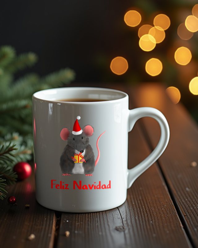 Weihnachtsratte mit Geschenk Feliz Navidad - Maus Motiv – Tasse