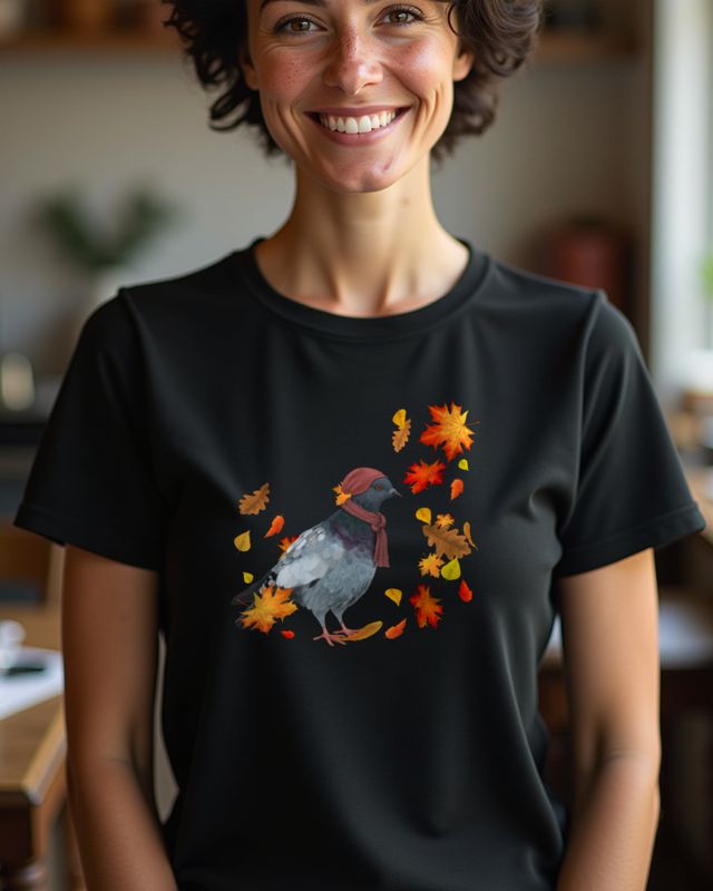 Pigeon in Fall Leaves - Cozy Autumn Bird Design โ T-Shirt