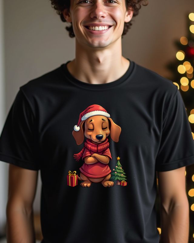 Genervter Dackel mit Weihnachtsmütze – Motiv ohne Text – T-Shirt