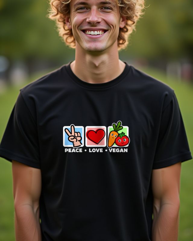 Veganer Spruch mit guter Laune - Peace Love Vegan – T-Shirt