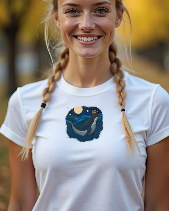Wal und Schiff unter dem Mond - Papercut Ozean Motiv – T-Shirt