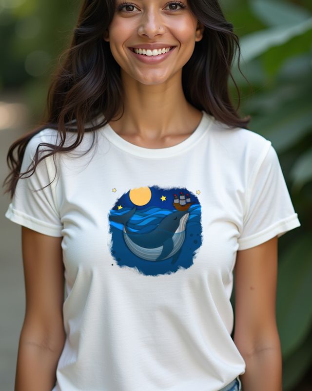 Whale and Ship Under the Moon - Papercut Ocean Art – T-Shirt