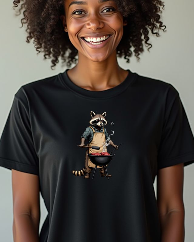 Raccoon Pitmaster at the Grill β Engraving, No Text β T-Shirt