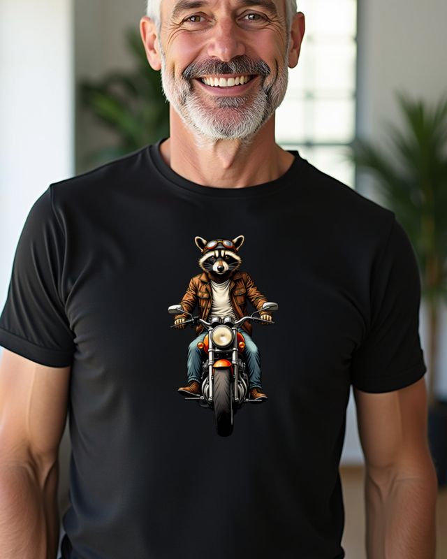 Waschbär auf Oldtimer-Motorrad, Gravur – ohne Text – T-Shirt