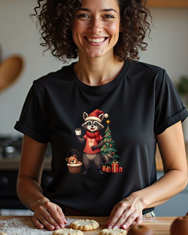 Christmas Raccoon Mom Juggling Coffee and Teddy β No Text β T-Shirt