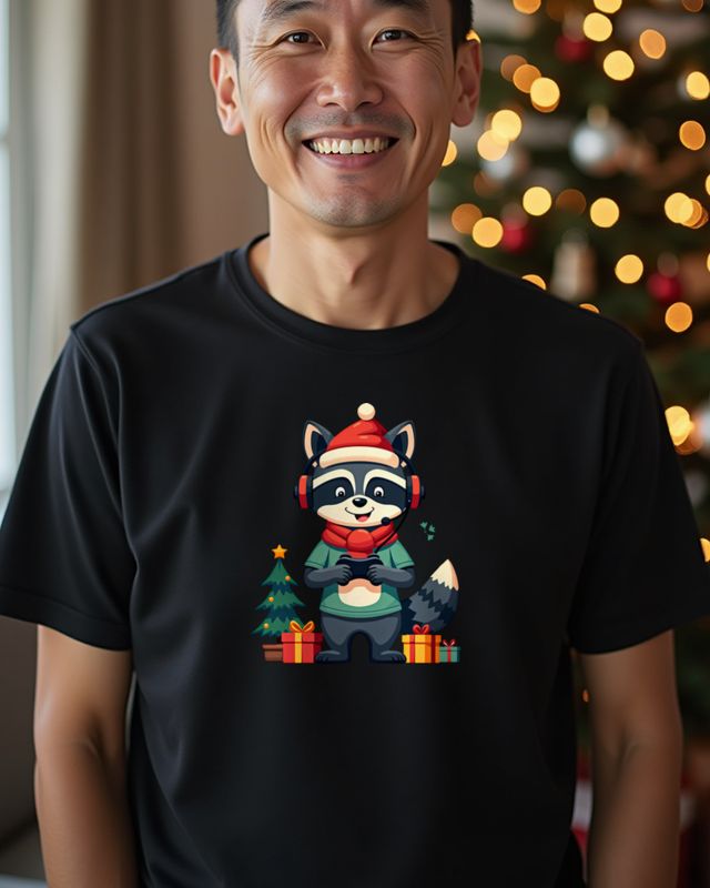 Christmas Gamer Raccoon with Headset โ No Text โ T-Shirt